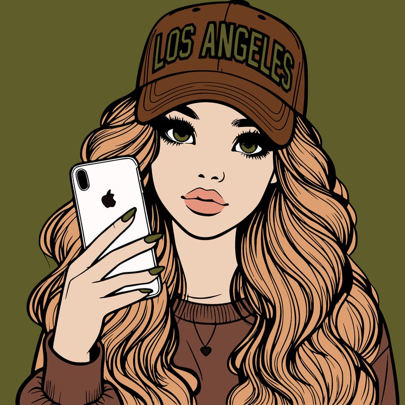 realistic beautiful girl wearing los ángeles cap holding an iphone