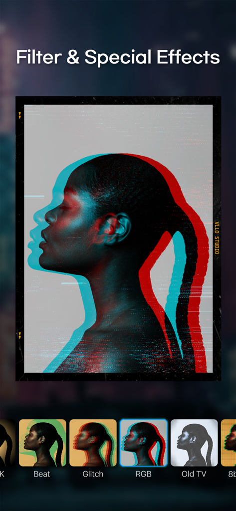 Interface do aplicativo móvel VLLO mostrando uma variedade de filtros de vídeo criativos e efeitos especiais, incluindo estilos RGB e glitch