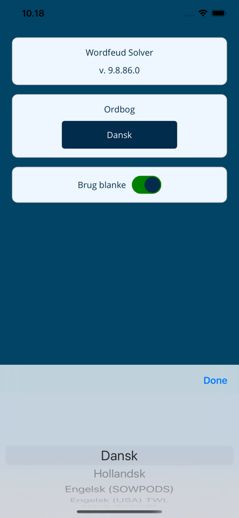 Interfaz de la aplicación Solucionador de Wordfeud que muestra la selección de diccionario y la configuración del juego.