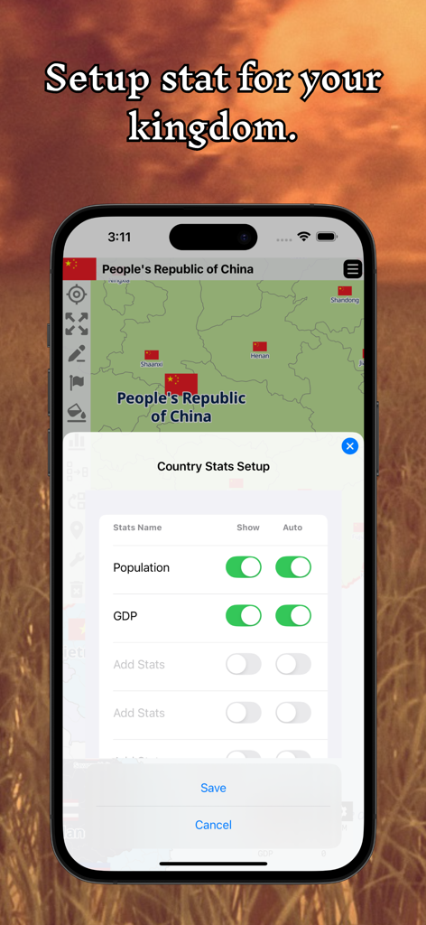 Setting up country statistics for a kingdom in the World Map Editor Sandbox app.