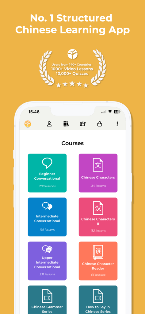 Yoyo Chinese: Learn Chinese - Mobile screen of Yoyo Chinese app displaying a structured list of courses including beginner conversational and Chinese characters