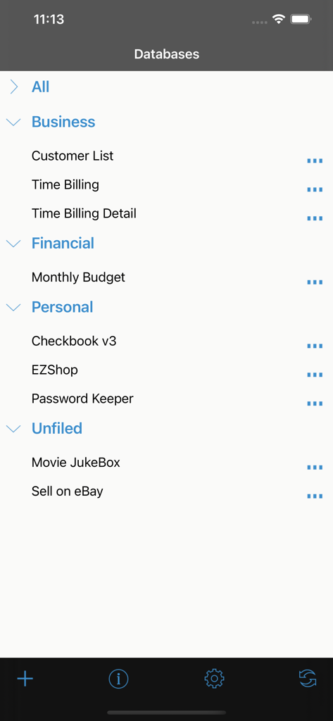 The HanDBase app screen showing a list of databases organized into categories like Business and Financial