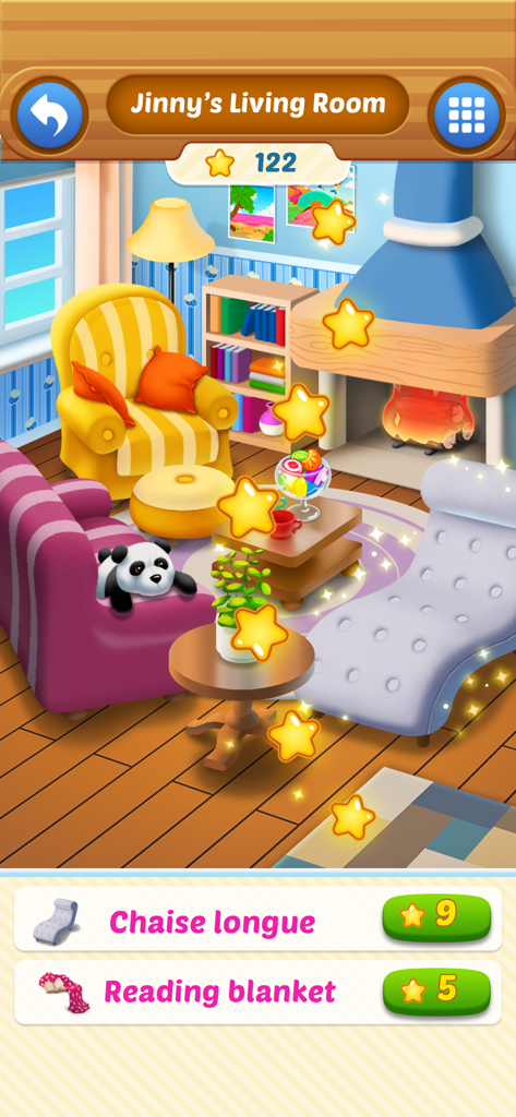 Jinny's living room decoration interface in Jelly Juice mobile game showing colorful furniture and design options.