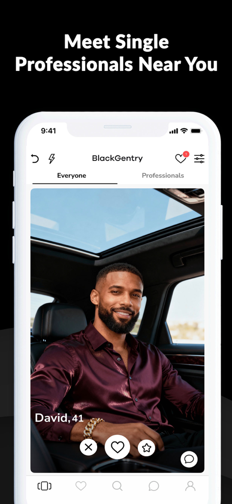 BlackGentry Dating-App-Discovery-Bildschirm mit einem Profil eines professionellen schwarzen Mannes in einem Auto