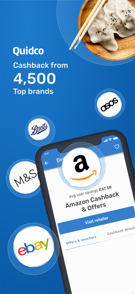 Quidco: Cashback and Vouchers - Interface do aplicativo Quidco mostrando ofertas de cashback de marcas como Amazon, eBay e ASOS