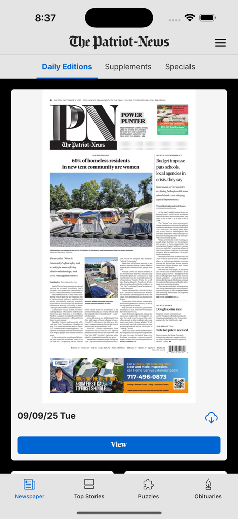 The Patriot-News app interface displaying a digital replica of the daily local newspaper edition for Harrisburg and Central Pennsylvania.