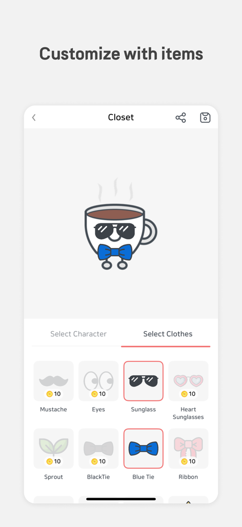 Book Towers - Reading Tracker - A screenshot of the Book Towers app closet screen showing a cute coffee cup character being customized with sunglasses and a blue bowtie.