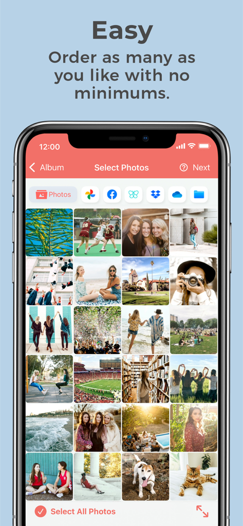 Interface of the FreePrints Photo Tiles app showing a grid of photos for selection