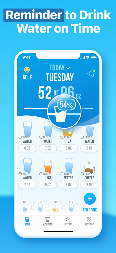 Water Reminder app dashboard showing daily hydration progress and logged beverages