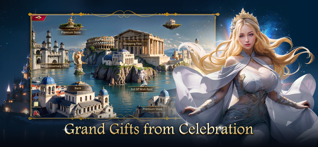 Legend City - Legend City game screenshot showing a goddess character and city map with anniversary gift locations