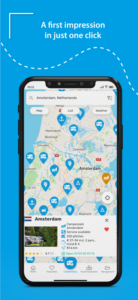 Map interface of the Camperstop app showing motorhome stopover locations in Amsterdam