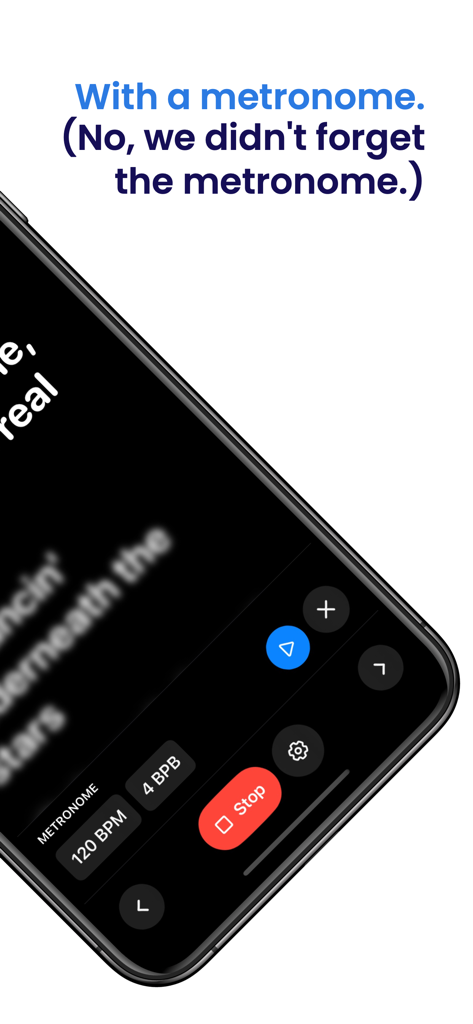 Lyrics: Live - Recurso de metrônomo no aplicativo Lyrics Live mostrando 120 BPM para apresentações ao vivo