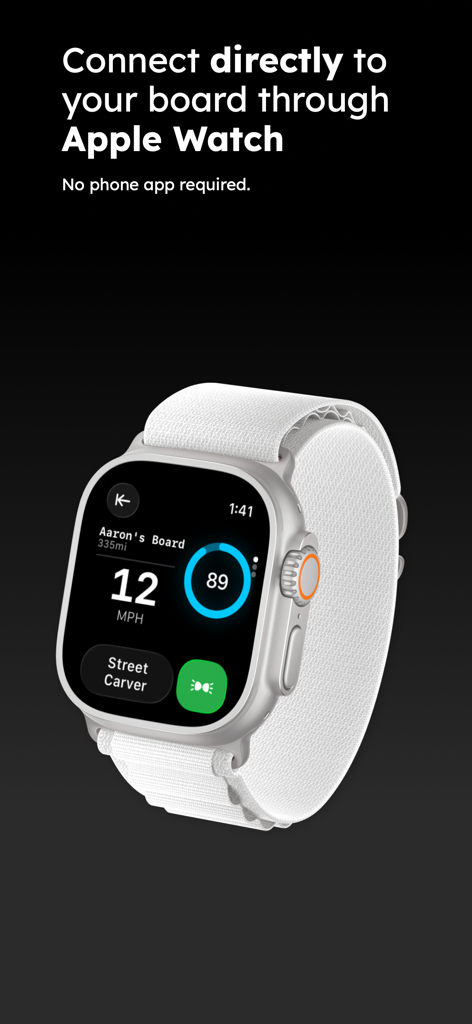 Nosedive - Panel de la aplicación Nosedive en un Apple Watch que muestra la velocidad, el porcentaje de batería y el modo de conducción para una patineta eléctrica