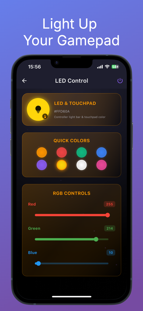 Interfaz de la aplicación SensePad mostrando ajustes de control LED para controles de juego, incluyendo deslizadores RGB y selección rápida de color