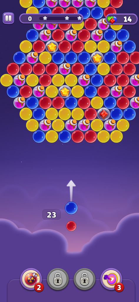 Bubble Family - Gameplay of Bubble Family showing a blue bubble being aimed at a colorful bubble cluster
