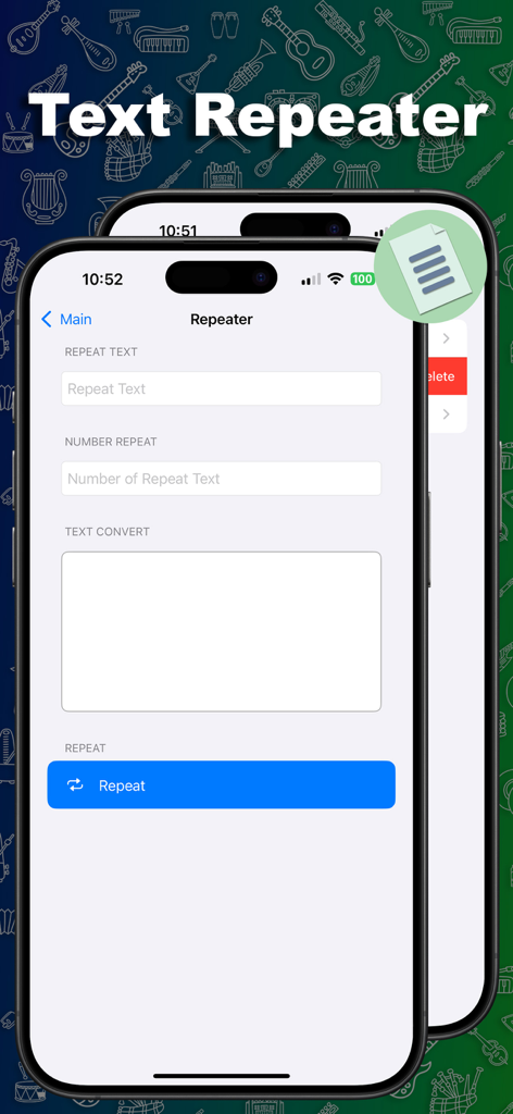 Duo Messenger Web Clone Plus - Interfaz de aplicación móvil que muestra la herramienta de Repetidor de Texto con campos de entrada para texto y recuento de repeticiones