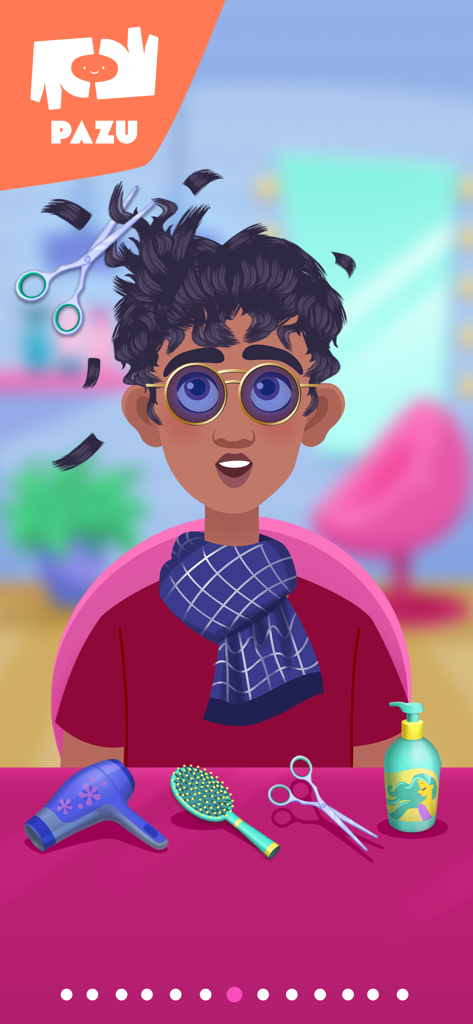 다양한 스타일링 도구가 있는 Girls Hair Salon 모바일 게임에서 머리를 자르고 있는 캐릭터