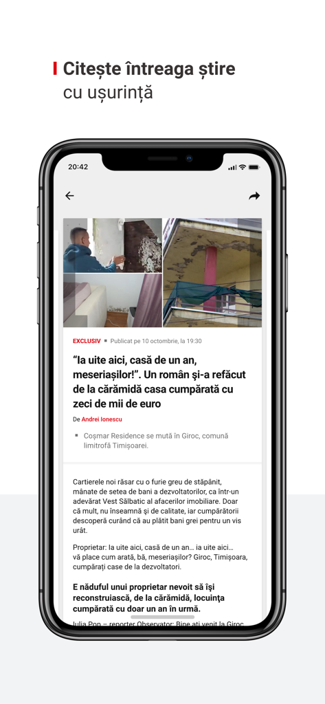 Interfaz de la aplicación Observator News que muestra un artículo de noticias completo en rumano