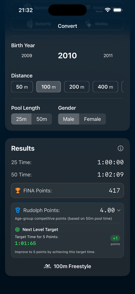 Aquatime - Aquatime app interface displaying swim time conversion from 25m to 50m with FINA and Rudolph points for competitive swimming