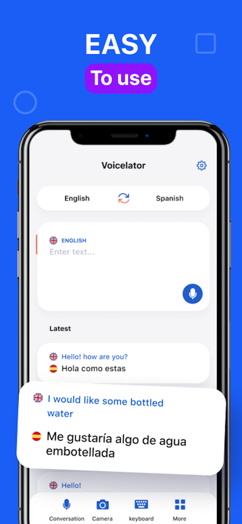 Interface of the Voicelator app showing an English to Spanish translation for a travel phrase