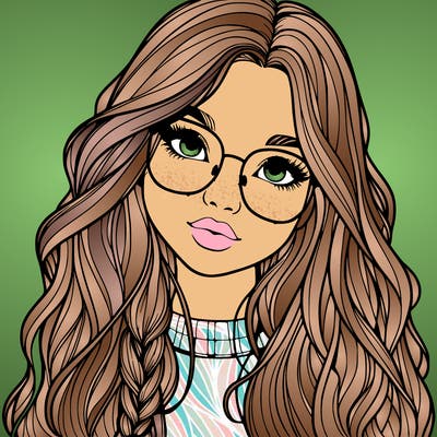 girl with long hair and freckles and glasses realistic