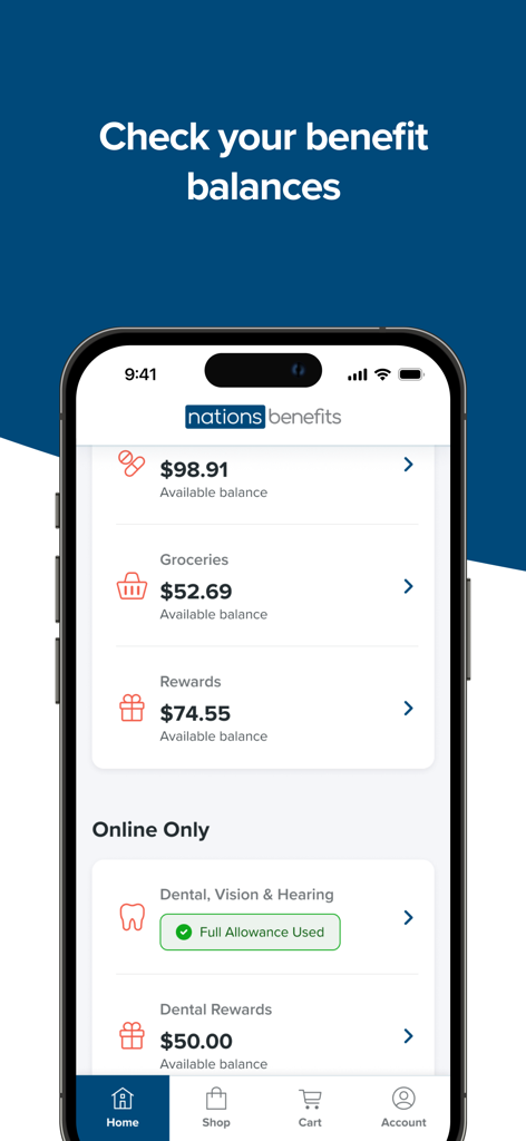 Interface of the Benefits Pro app showing available balances for groceries, rewards, and healthcare products