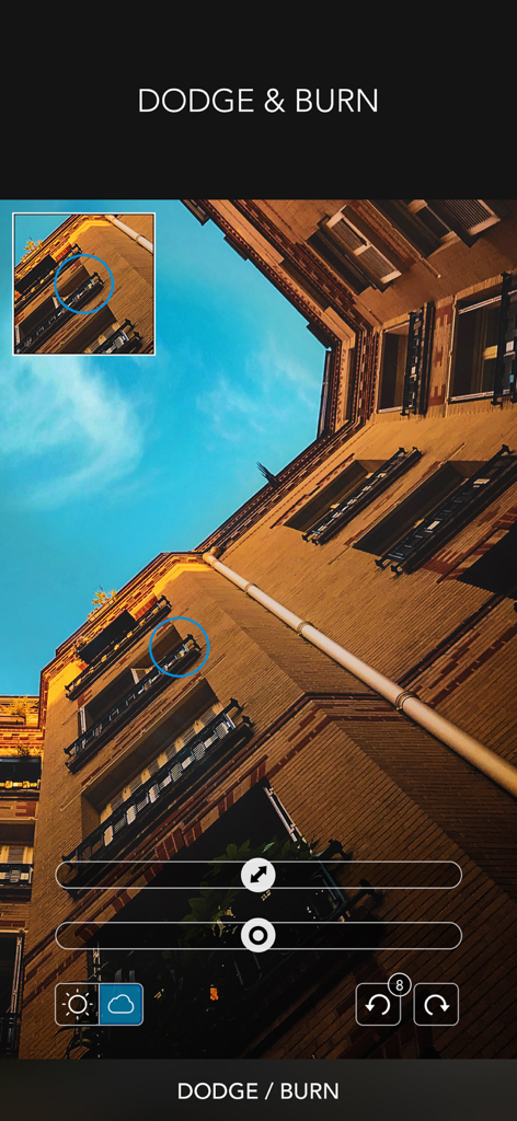 Interfaz de la herramienta Dodge and Burn en la aplicación de edición de fotos PICSPLAY 2