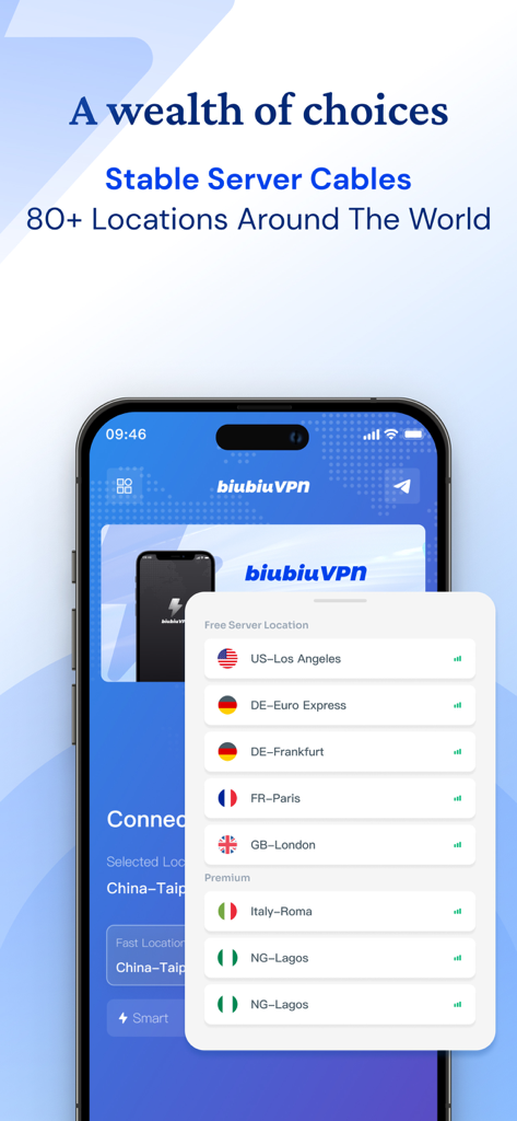 biubiuVPN : VPN - biubiuVPN app interface displaying a list of available global server locations and stable connection options