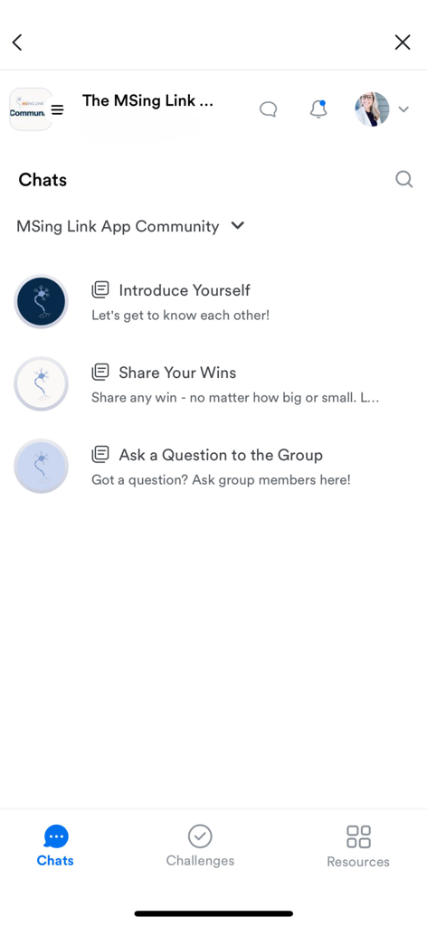 The MSing Link app community chat screen showing support group categories like Introduce Yourself and Share Your Wins