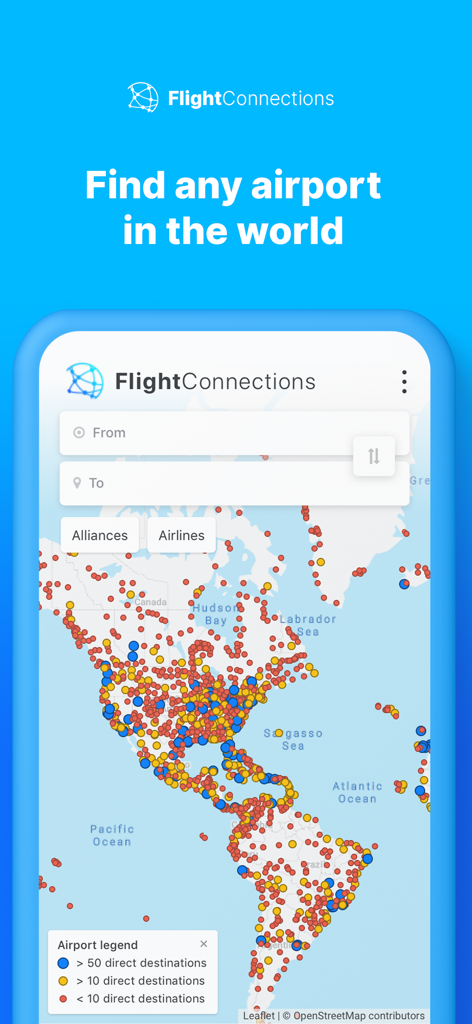 Un mapa mundial interactivo en la aplicación FlightConnections que muestra los aeropuertos codificados por colores según el número de destinos de vuelos directos.