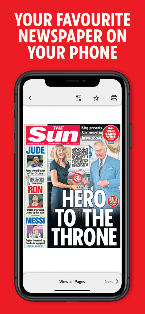 Smartphone displaying the digital front page of The Sun newspaper on a red background