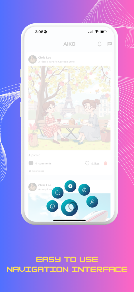 Interfaccia di navigazione dell'app AIKO con un feed social di opere d'arte AI