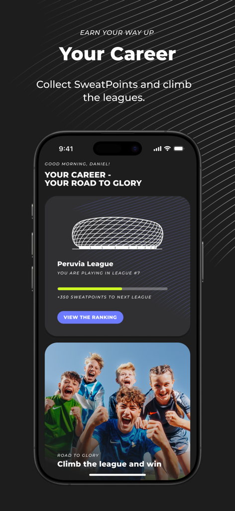B42: Pro Soccer Training - B42 app career screen showing soccer league progression and player ranking
