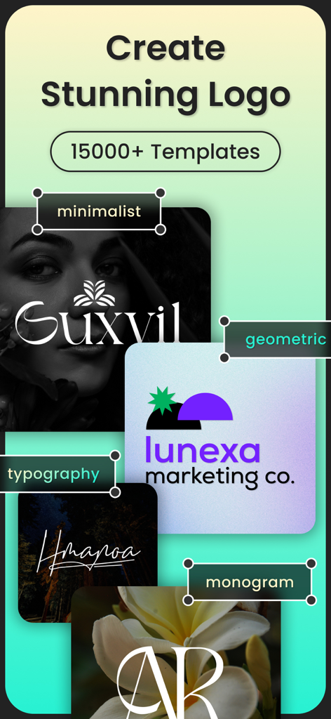 Logo Maker：Logo Design - Interface do aplicativo Criador de Logo exibindo vários estilos de design, incluindo tipografia geométrica minimalista e monograma