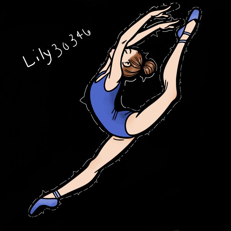 gymnast doing a leap in a leotard with a bent back leg