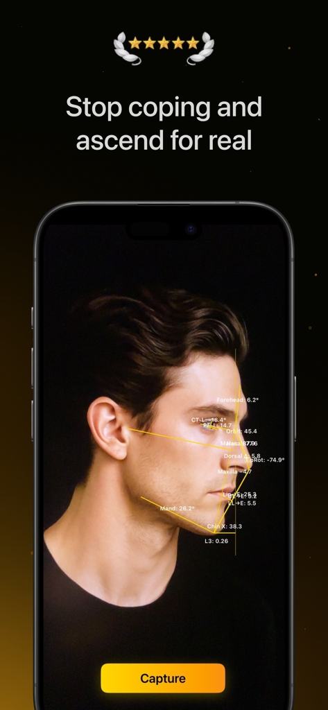 Ascension - Don't Cope - Écran de l'application Ascension montrant une analyse IA des traits du visage sur un profil masculin de côté