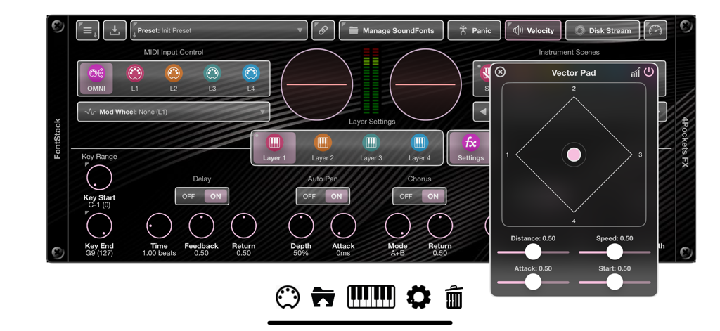 FontStack - FontStack app interface showing sound layer controls and a floating vector pad window