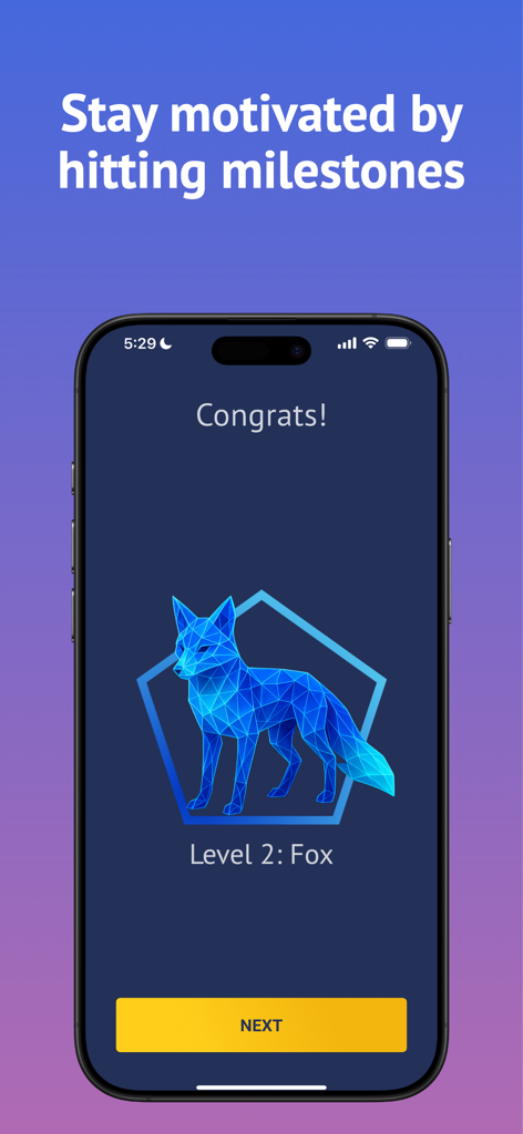 Brightmind Meditation app screen showing a Level 2 Fox milestone achievement