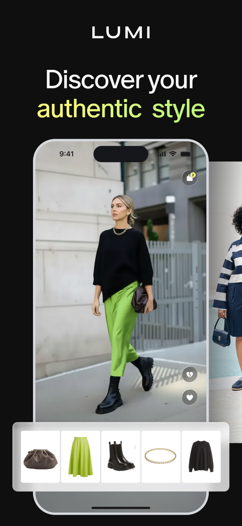 Lumi: styling & shopping - Interfaz de la aplicación Lumi que muestra una elegante recomendación de atuendo con artículos de moda individuales debajo para comprar
