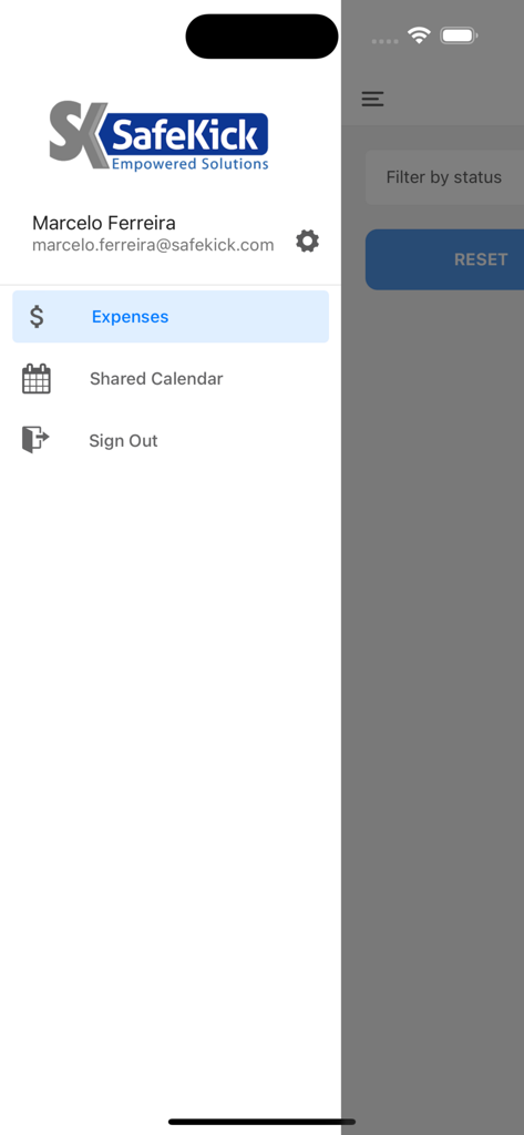 Menu de navegação lateral do Safelink App mostrando o perfil do usuário e opções de conta