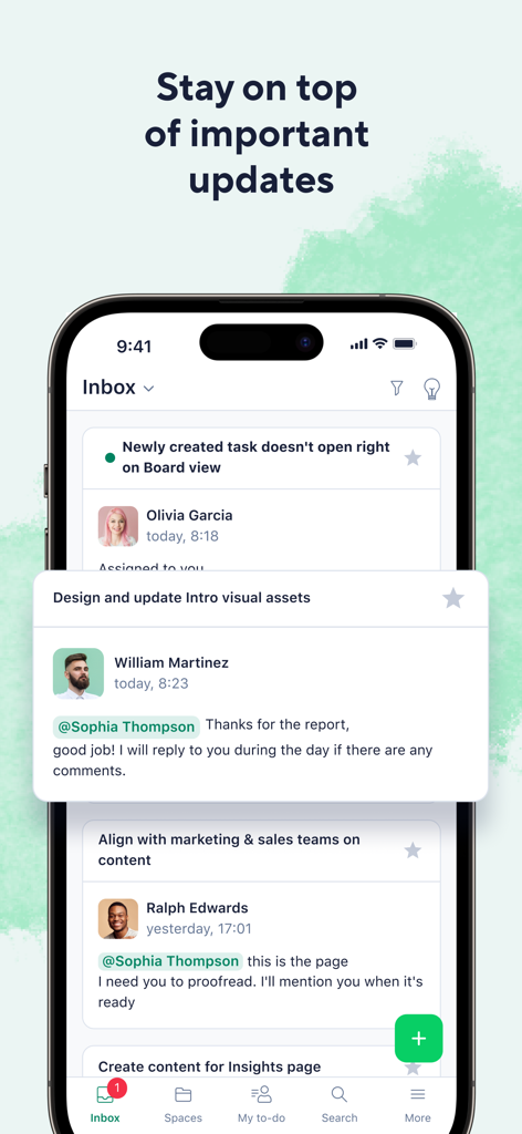 Wrikeモバイルアプリの受信トレイインターフェース。通知とチームコラボレーションを表示しています。
