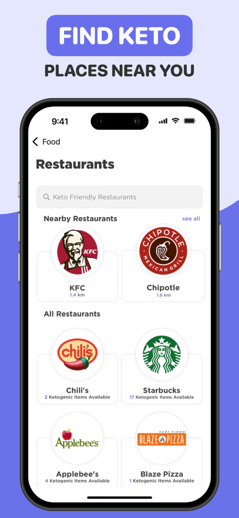 Keto Manager : Carb Diet App - Mobile app interface showing keto friendly restaurants and available ketogenic menu items near the user.