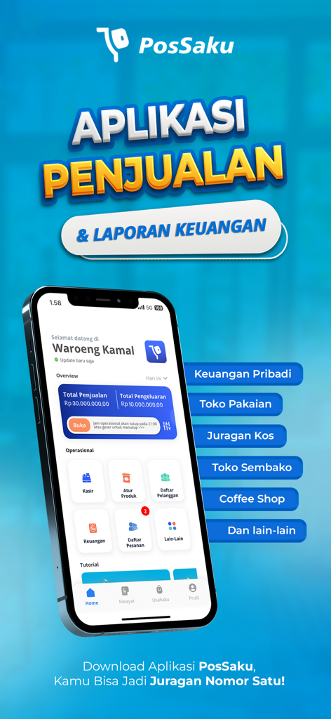 Kasir & Buku Kas PosSaku - PosSaku mobile app dashboard for sales and financial reporting on an iPhone