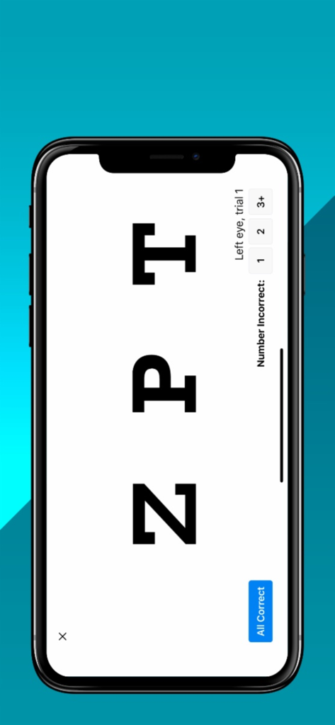 OcularCheck: Acuity Exam - Tela de um smartphone exibindo um gráfico de olho de Snellen com as letras Z P T durante um exame de acuidade visual.