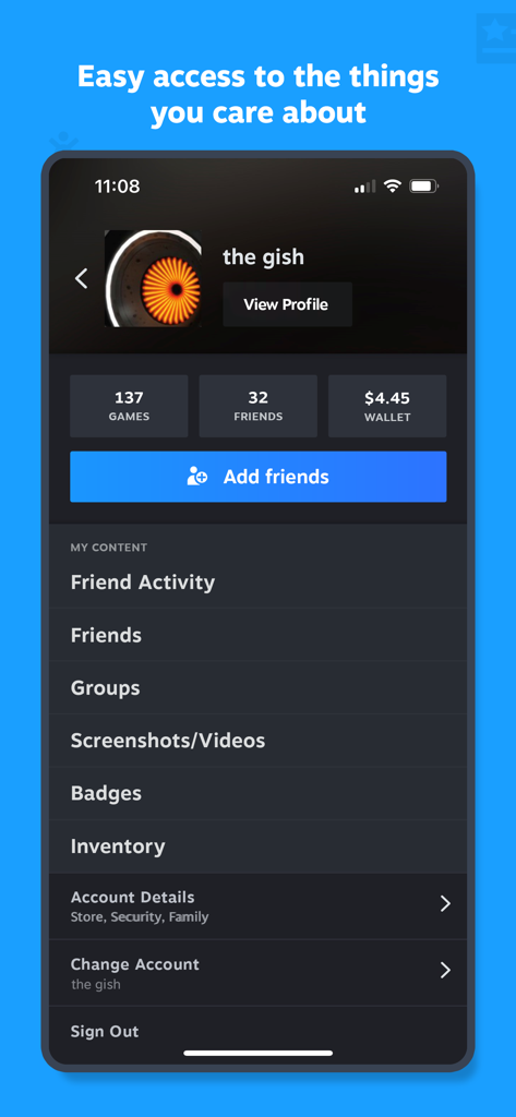 Steam Mobile - Interfaz de la aplicación Steam Mobile mostrando estadísticas del perfil del usuario y opciones de gestión de cuenta