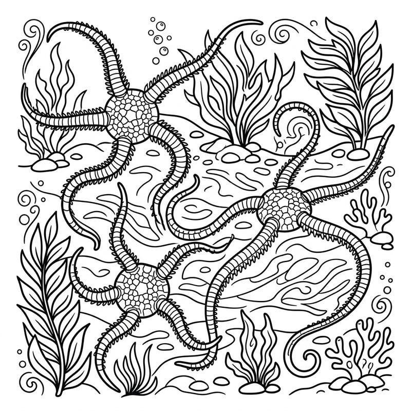 Explore the fascinating world of the ocean with this beautiful brittle stars coloring page, specifically designed for seniors. Its clear outlines and engaging underwater scene offer a relaxing and stimulating creative experience.