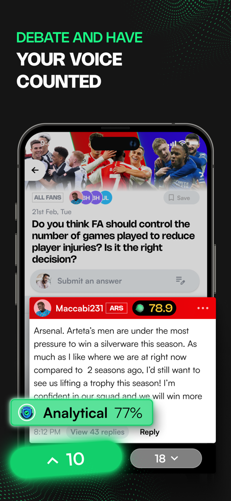A screenshot of the JOSTL app debate feature where fans discuss Premier League topics and have their opinions rated