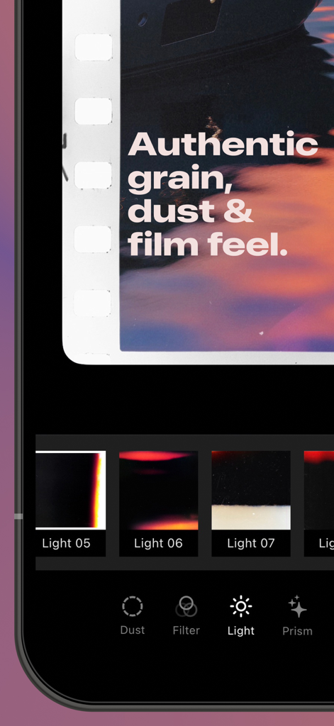 LUCH: Photo Effects & Filters - Interface do editor de fotos LUCH mostrando efeitos autênticos de grão de filme e poeira