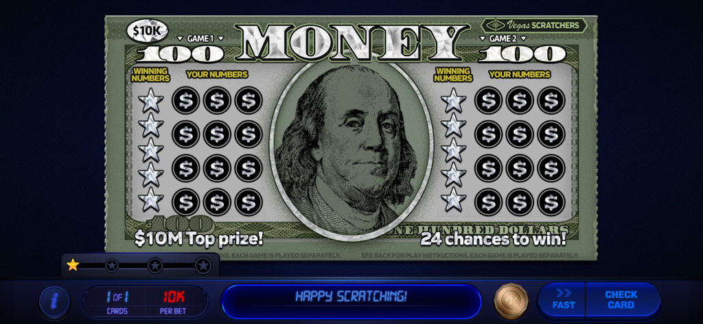 Vegas Lottery Scratchers - Tarjeta de rasca y gana digital en Vegas Lottery Scratchers con temática de billetes de cien dólares y múltiples oportunidades de ganar.