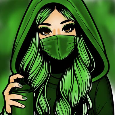 girl wearing a mask with long hair with her hood up spray-painting realistic